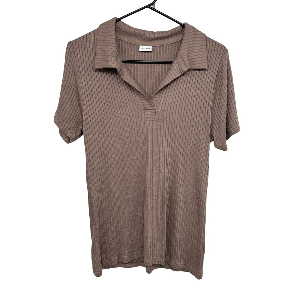 Taupe Ribbed Polo Top Womens 8/10 Minimalist Old Money Euro Quiet Luxury Knit